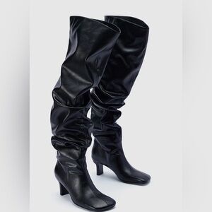 Kitten Heeled Crinkle Knee High Boots - Black / 38